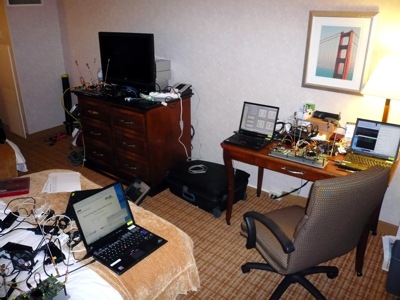 Testbed preparation activities in a hotel room in San Francisco, CA, USA